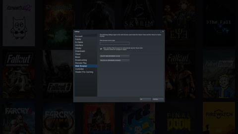Screenshot of Steam Settings dialogue, on the Overlay Browser Home Screen tab