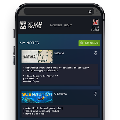 Mockup of SteamNotes on a mobile device